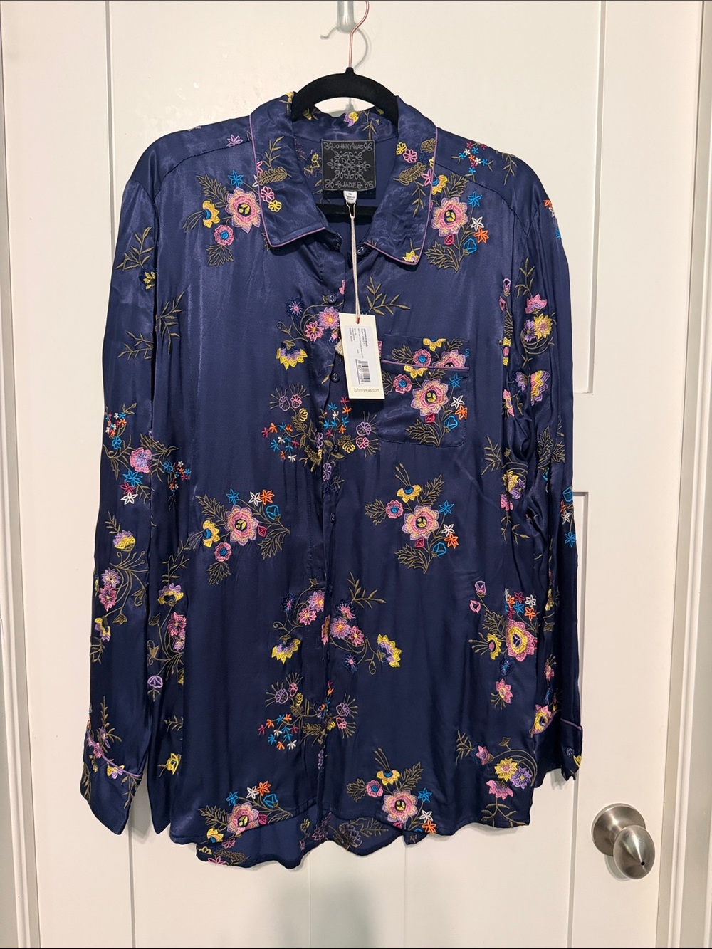 Johnny Was Navy Embroidered Floral Satin Button-Down